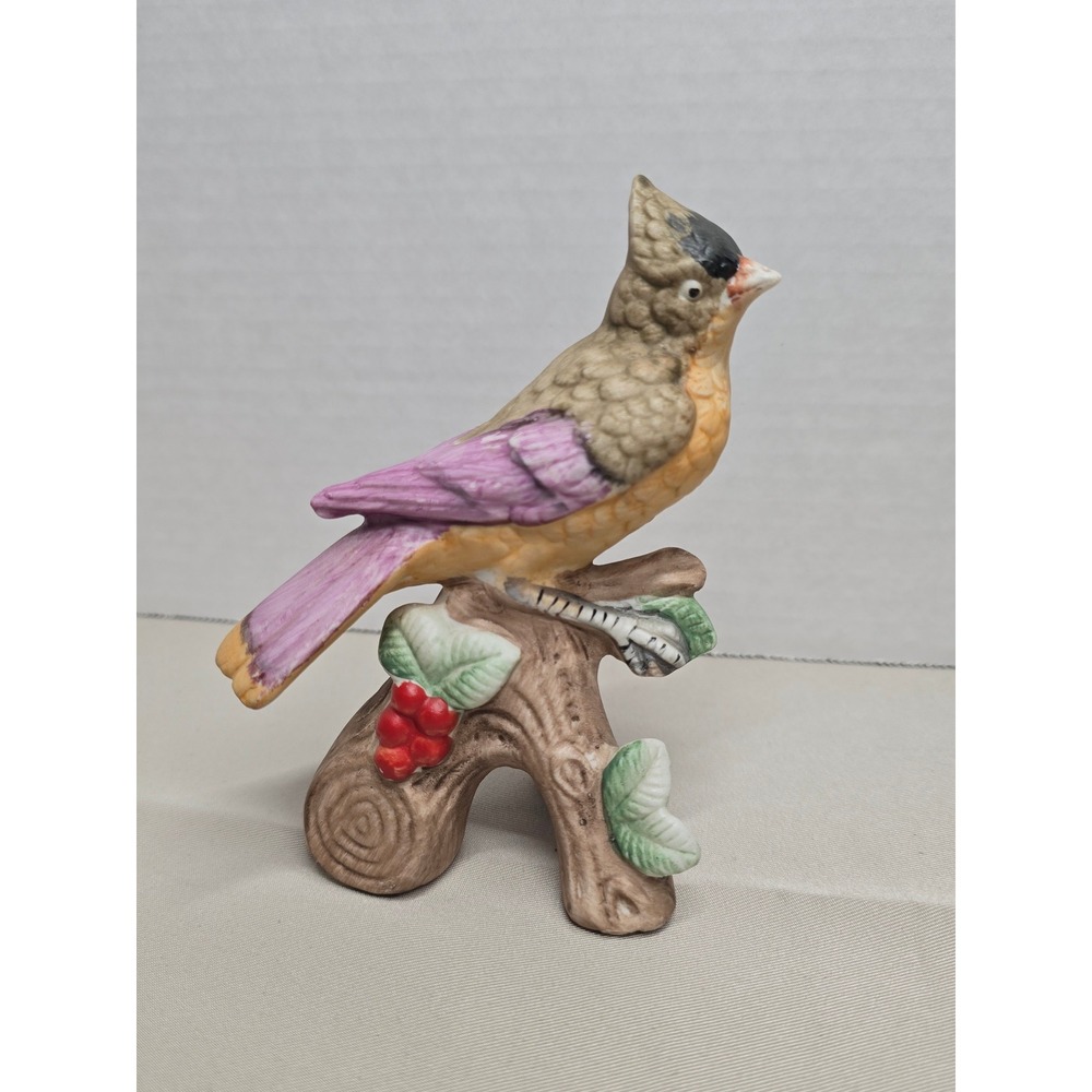 Vintage Crested Songbird Figurine with Berries Ceramic Japan